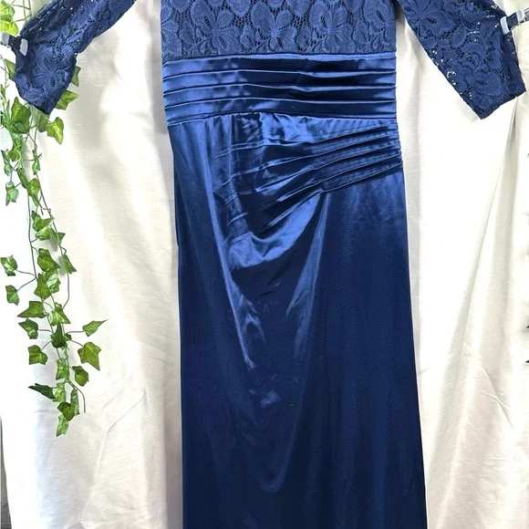 NWT Miusol Womens Lace Bodice Satin Ruched Mermaid Evening Dress Navy Blue Large - Picture 6 of 12